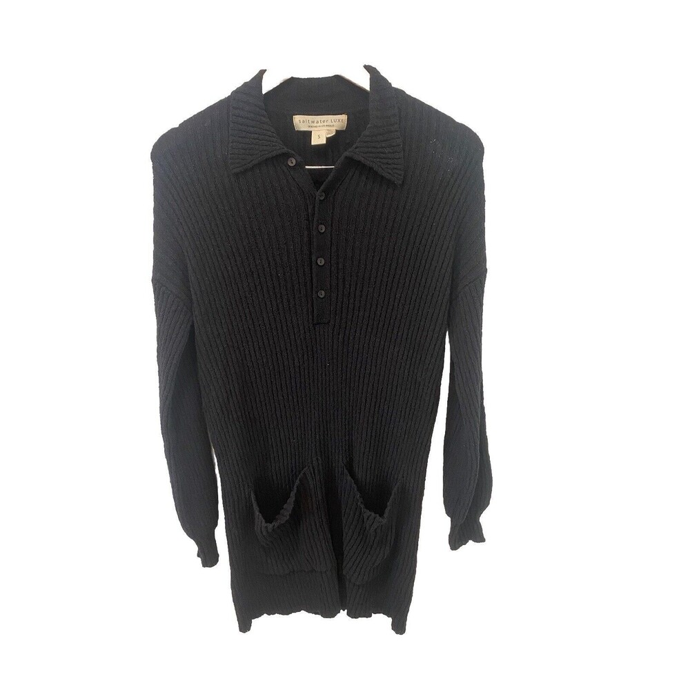 Saltwater Luxe Long Sleeve Ribbed Knit Collared Sweater Dress Black Sz S - Picture 1 of 6